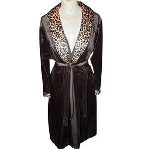 Vintage Y2K Secret Treasures Chocolate Velvet Leopard Trim Collared Midi Robe M